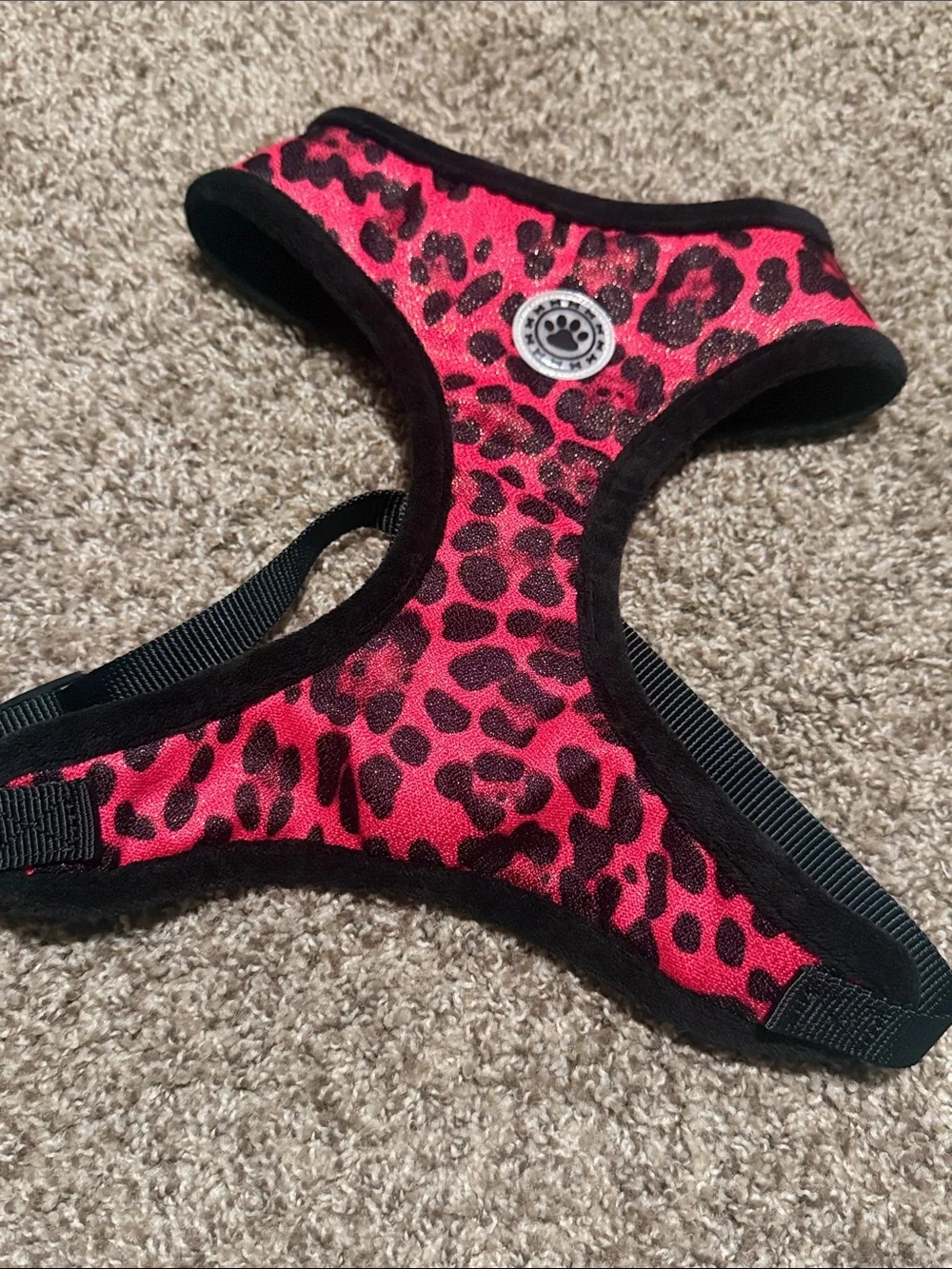 MyDog simple dog harness in pink/black animal print & faux fur (XL) EUC!